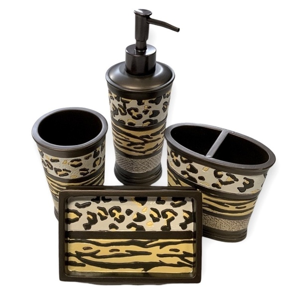 Animal Print Exotic Bathroom Accessory 4 Piece Set Brown Tan Multicolor Gazelle - Picture 2 of 12